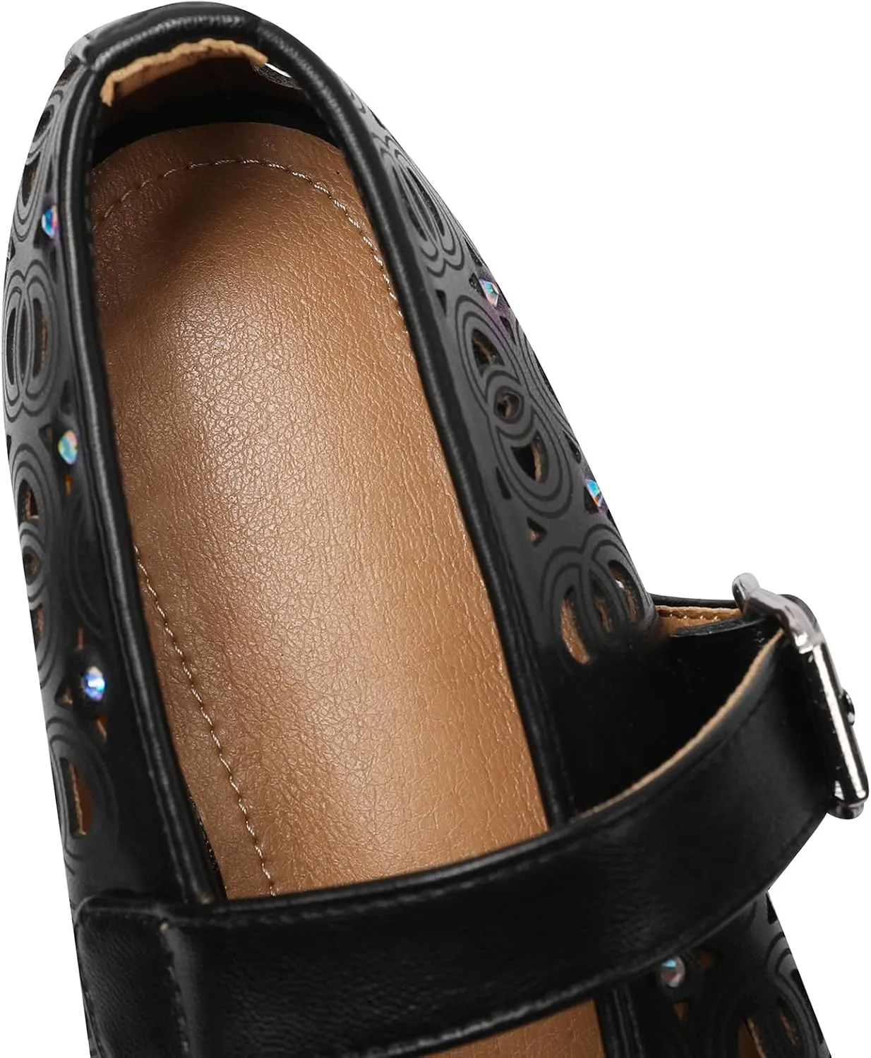 Women's Ballet Flats Laser Cut Leather Ballerinas Round Toe Rhinestone Buckle Flats Mesh Flats