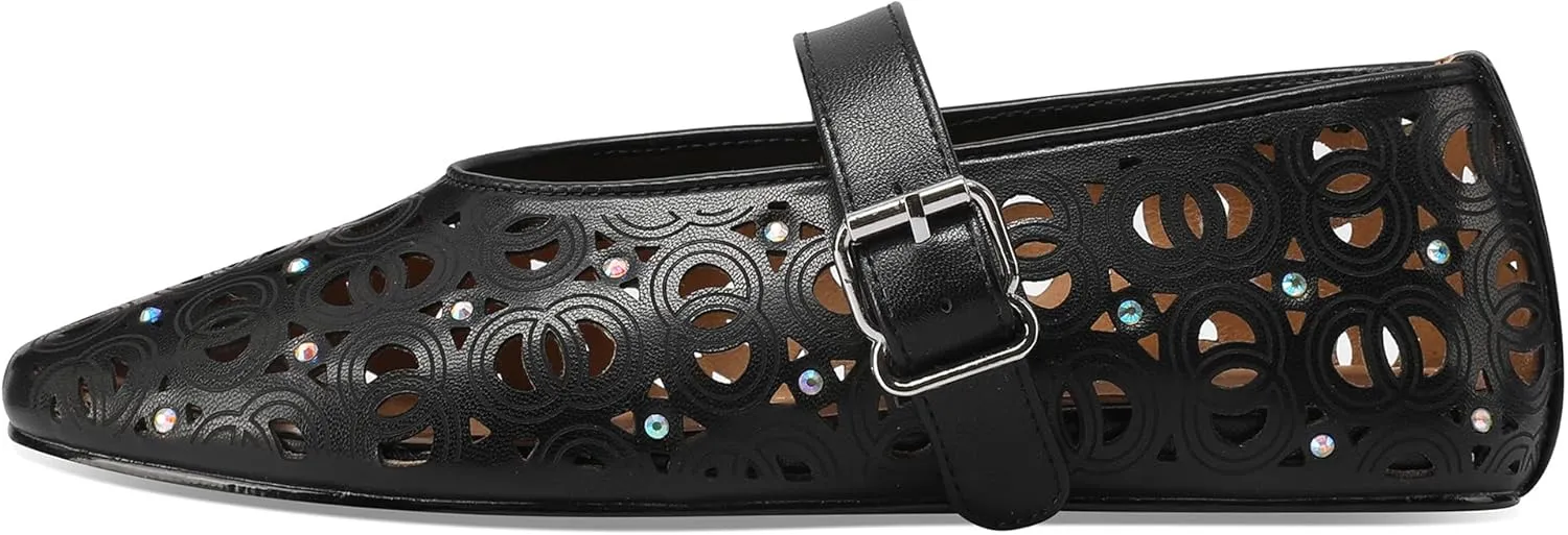 Women's Ballet Flats Laser Cut Leather Ballerinas Round Toe Rhinestone Buckle Flats Mesh Flats