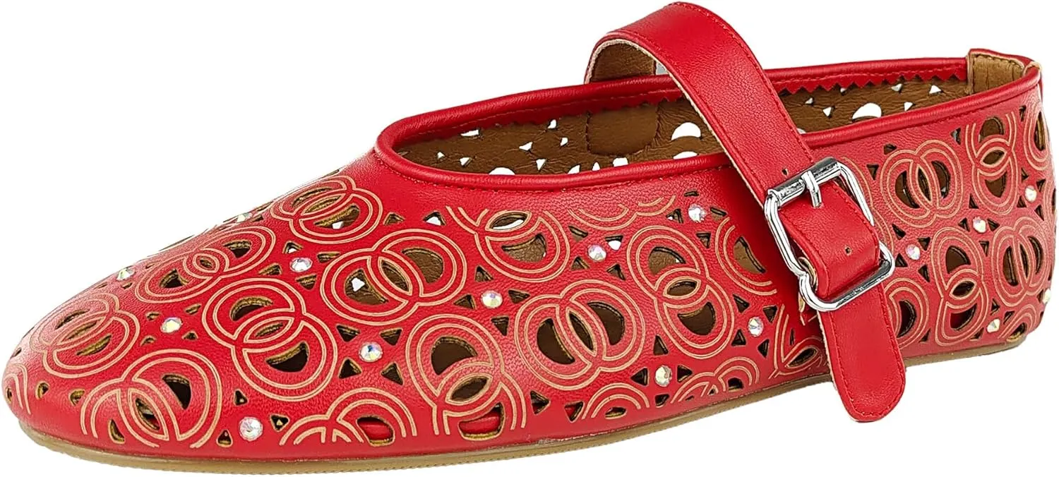 Women's Ballet Flats Laser Cut Leather Ballerinas Round Toe Rhinestone Buckle Flats Mesh Flats