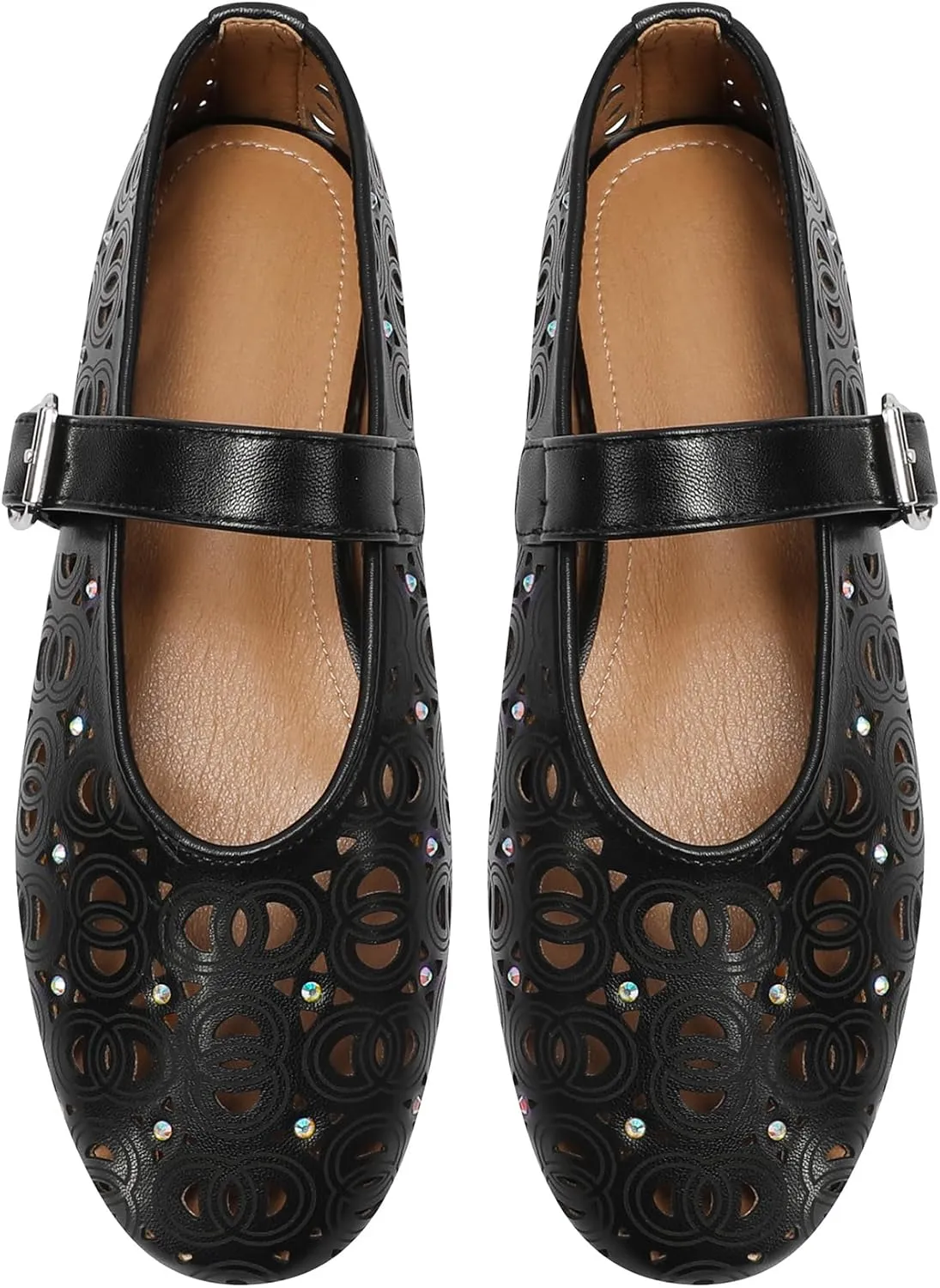 Women's Ballet Flats Laser Cut Leather Ballerinas Round Toe Rhinestone Buckle Flats Mesh Flats