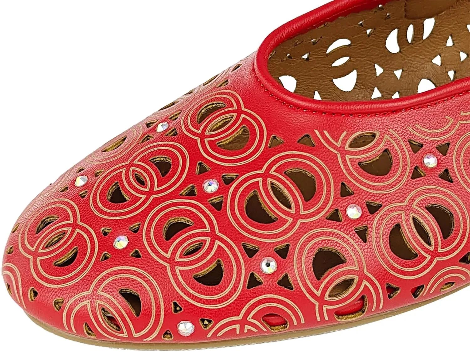Women's Ballet Flats Laser Cut Leather Ballerinas Round Toe Rhinestone Buckle Flats Mesh Flats