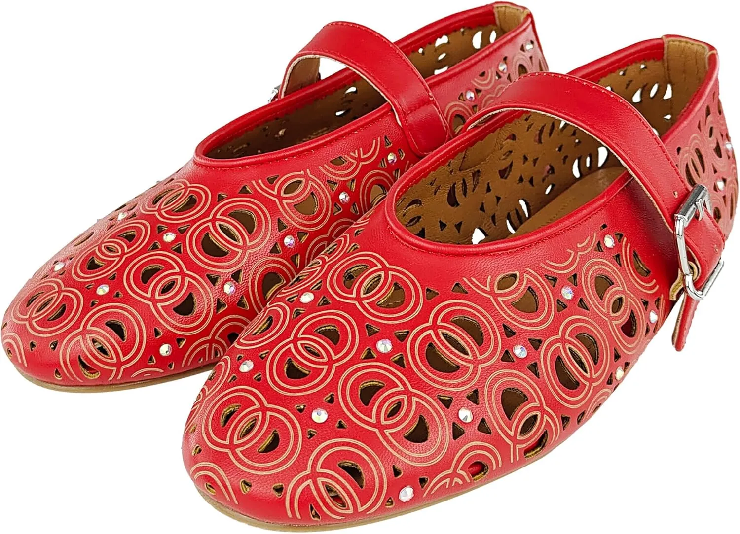 Women's Ballet Flats Laser Cut Leather Ballerinas Round Toe Rhinestone Buckle Flats Mesh Flats