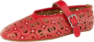 Women's Ballet Flats Laser Cut Leather Ballerinas Round Toe Rhinestone Buckle Flats Mesh Flats