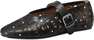 Women's Ballet Flats Laser Cut Leather Ballerinas Round Toe Rhinestone Buckle Flats Mesh Flats