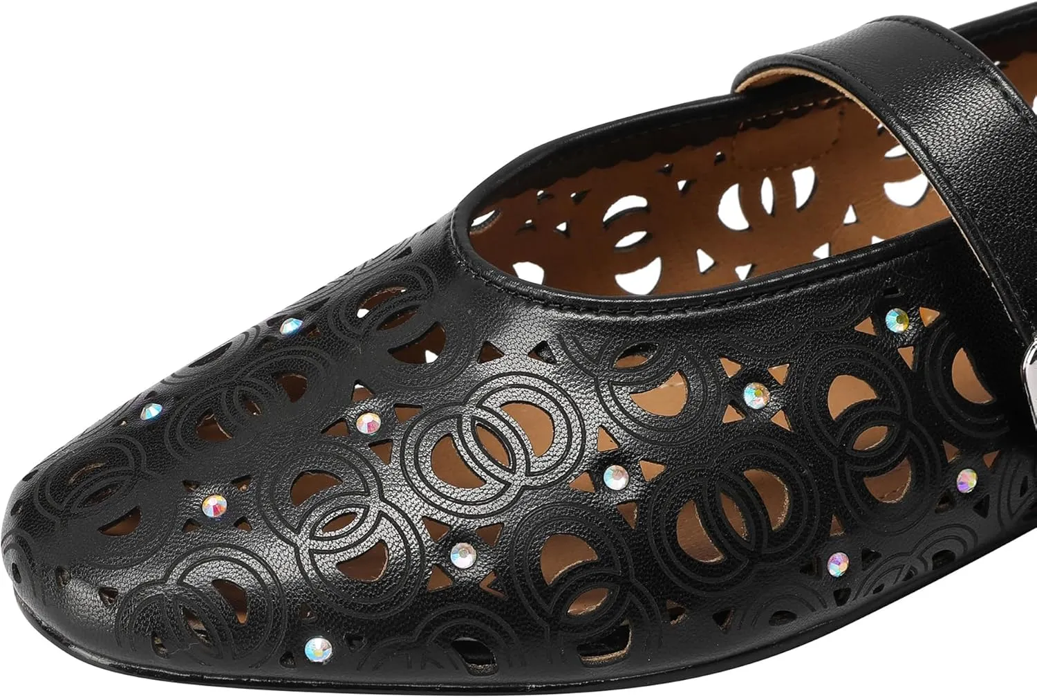Women's Ballet Flats Laser Cut Leather Ballerinas Round Toe Rhinestone Buckle Flats Mesh Flats