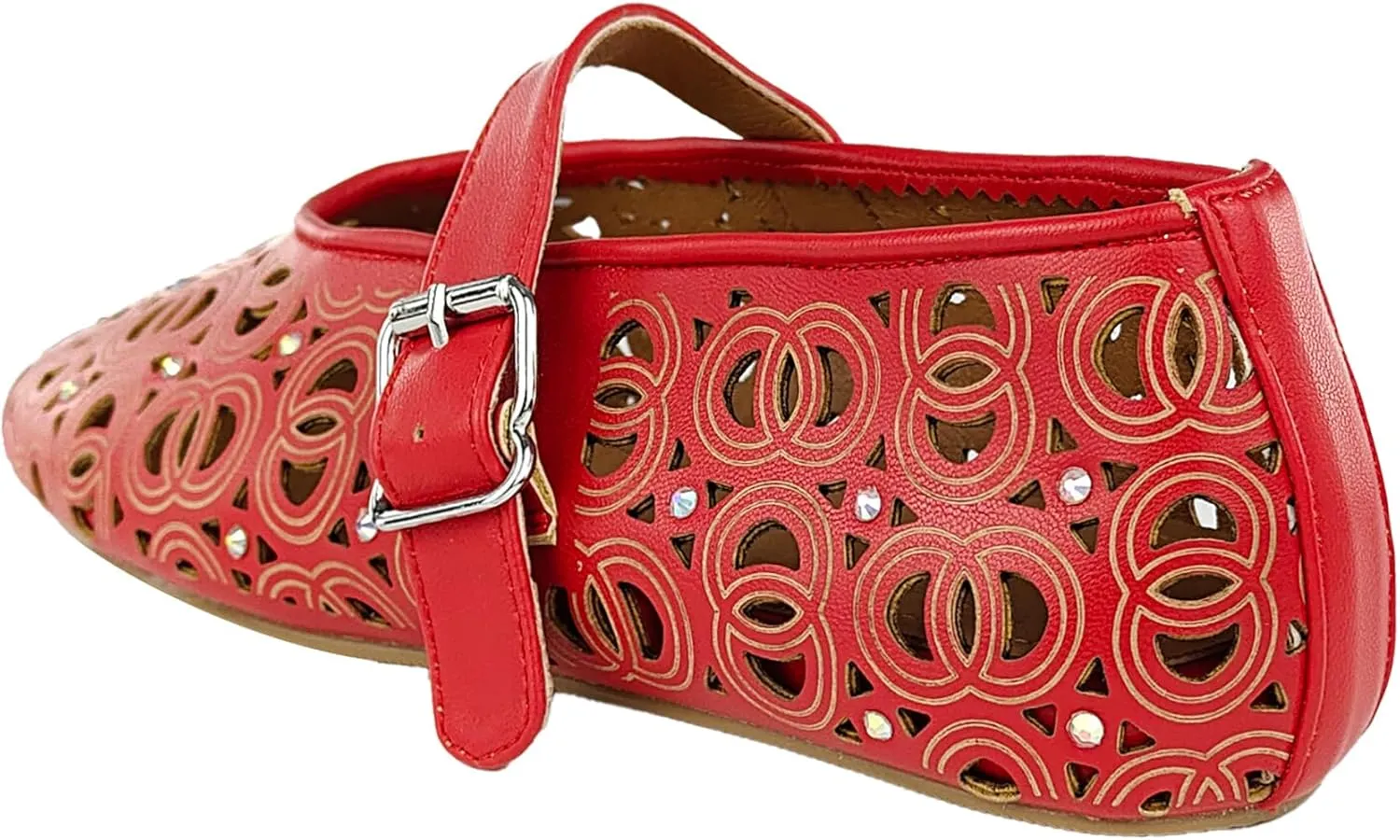 Women's Ballet Flats Laser Cut Leather Ballerinas Round Toe Rhinestone Buckle Flats Mesh Flats