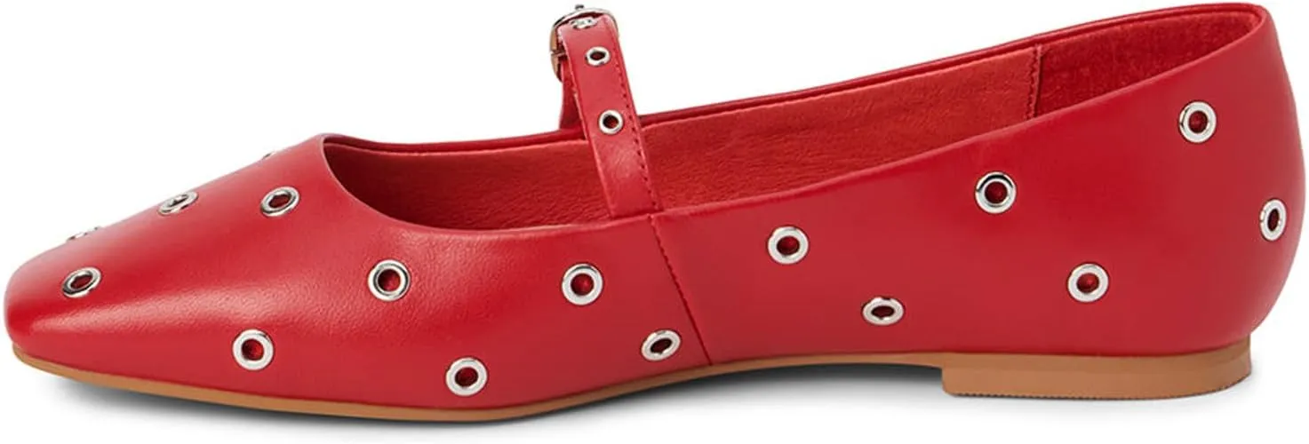 Womens Ballet Flats Studded Mary Jane Flats Shoes for Women Square Toe Dress Casual Comfortable Ballerina Shoes with Buckle Strap