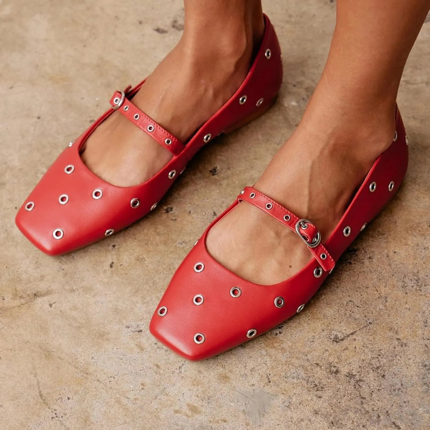 Womens Ballet Flats Studded Mary Jane Flats Shoes for Women Square Toe Dress Casual Comfortable Ballerina Shoes with Buckle Strap