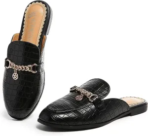Women's Black Mules: Round Toe, Backless, Slides, Comfortable, Metal Buckle
