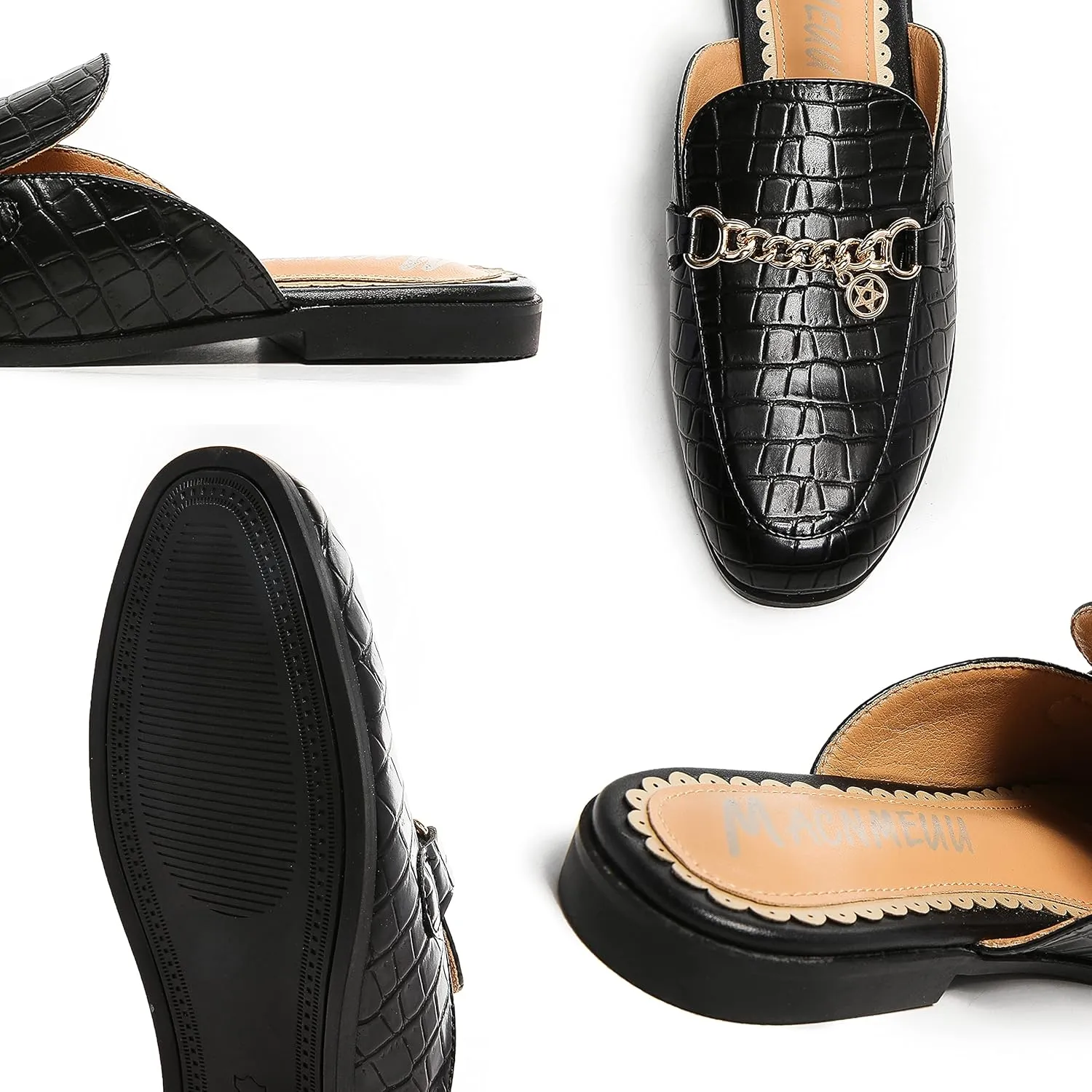 Women's Black Mules: Round Toe, Backless, Slides, Comfortable, Metal Buckle