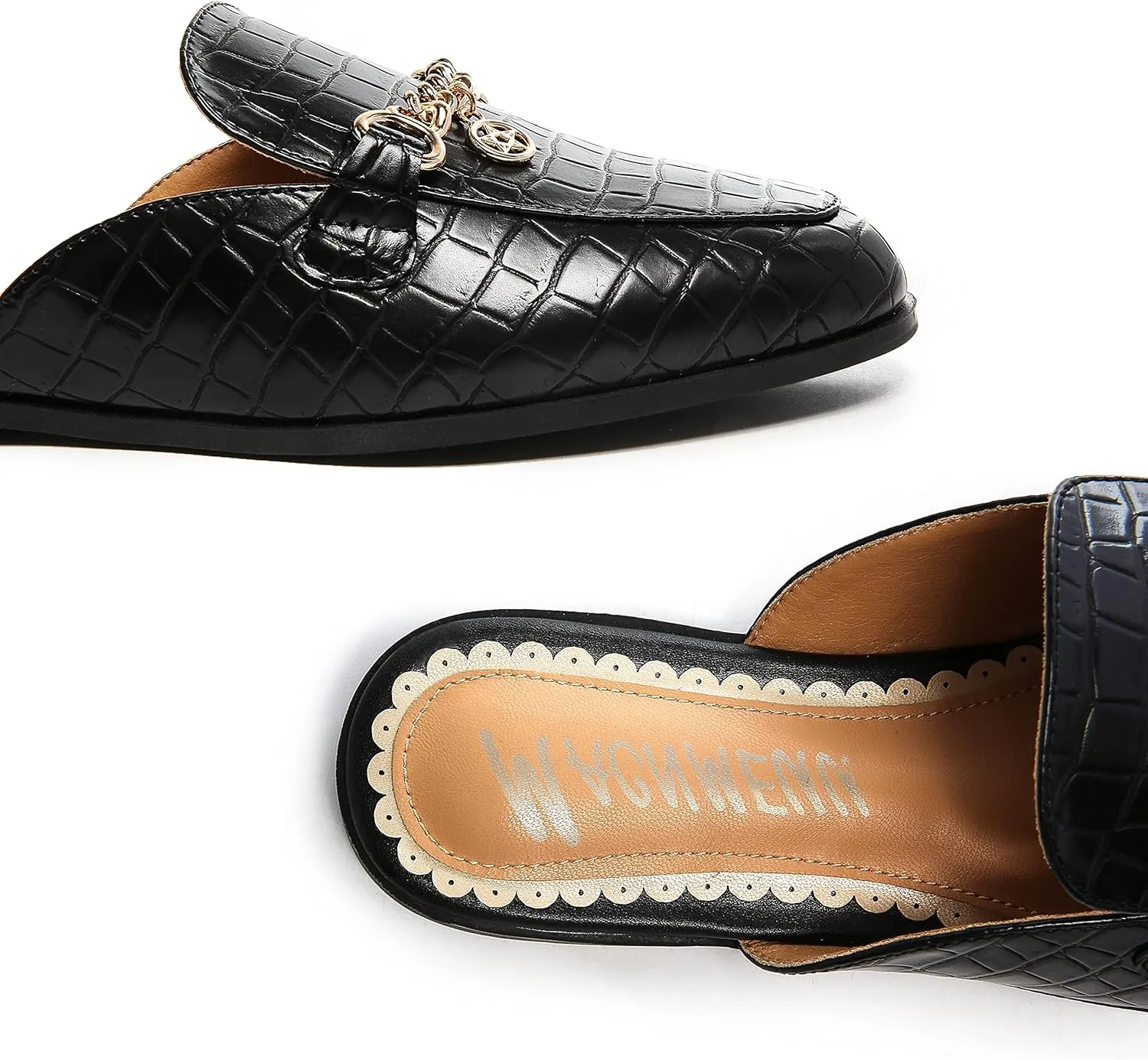 Women's Black Mules: Round Toe, Backless, Slides, Comfortable, Metal Buckle