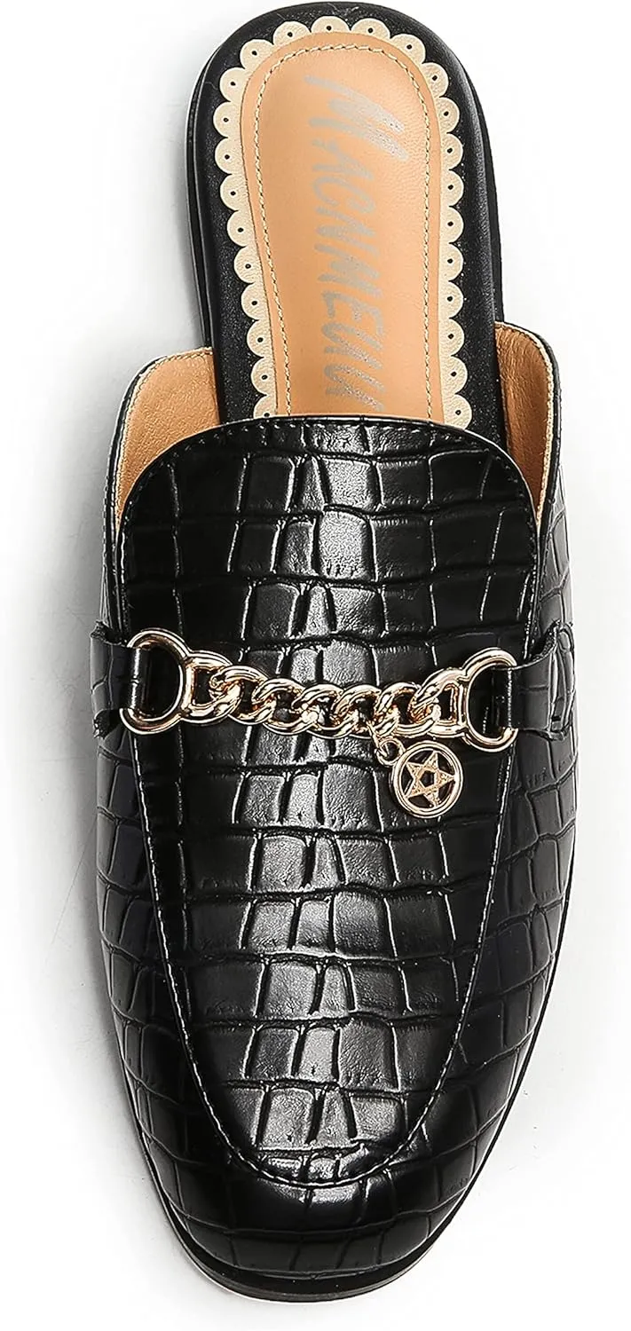 Women's Black Mules: Round Toe, Backless, Slides, Comfortable, Metal Buckle