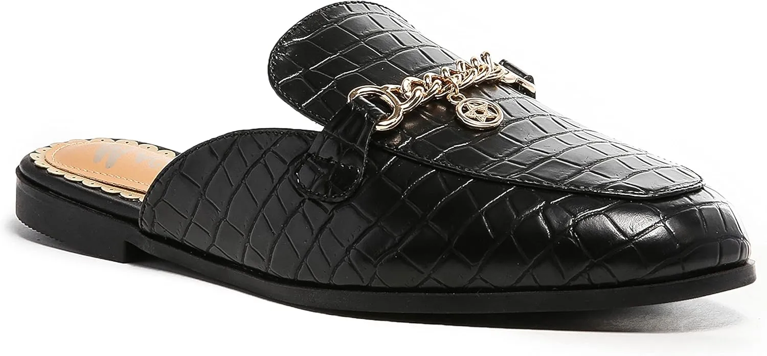 Women's Black Mules: Round Toe, Backless, Slides, Comfortable, Metal Buckle