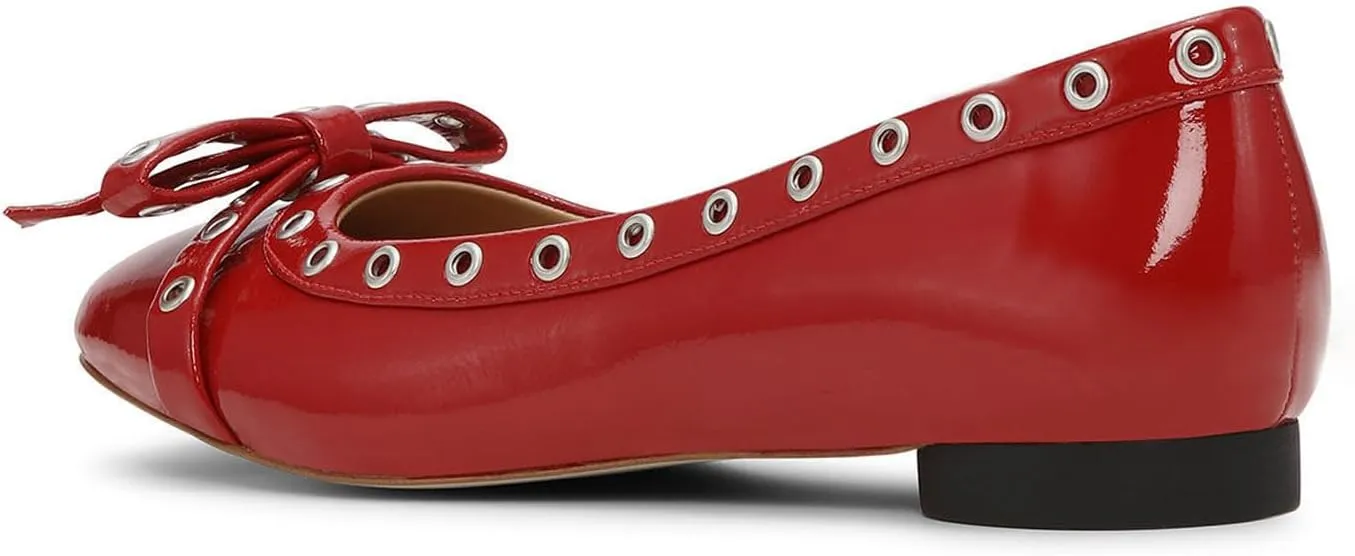 Womens Bows Slip On Ballet Flats, Leather Comfortable Closed Square Toe Perforated Studded Shoe for Dressy Work Casual