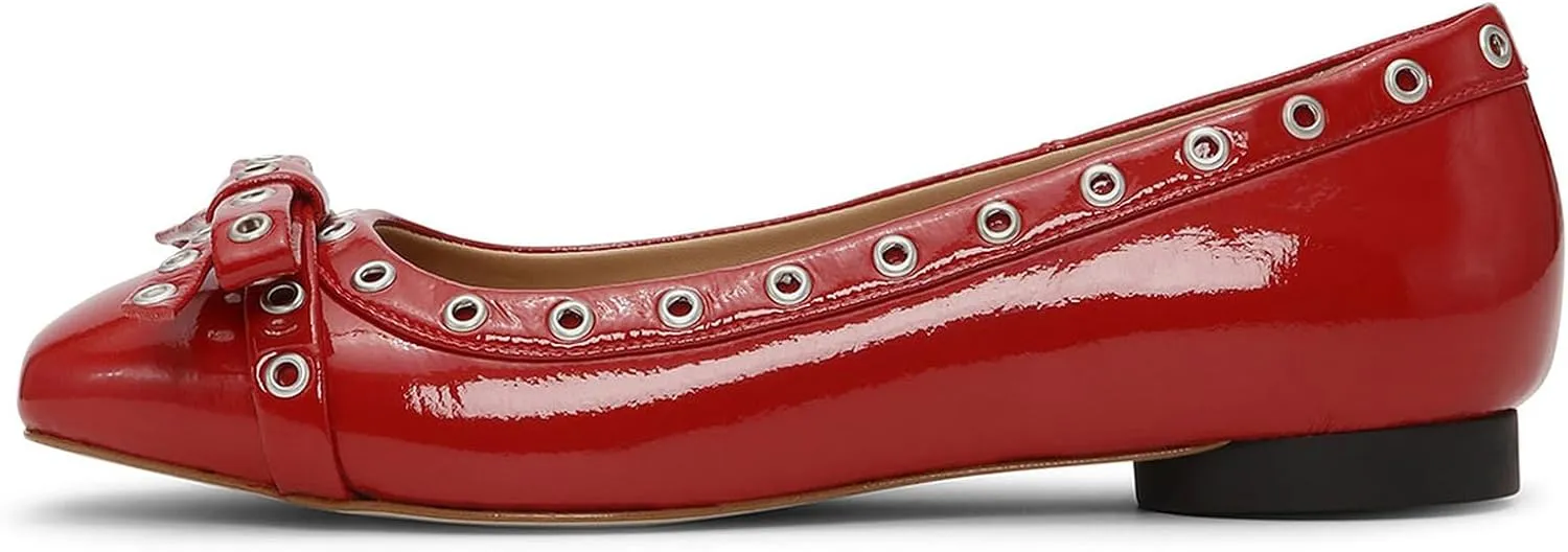 Womens Bows Slip On Ballet Flats, Leather Comfortable Closed Square Toe Perforated Studded Shoe for Dressy Work Casual