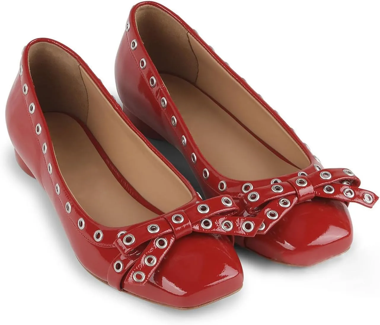 Womens Bows Slip On Ballet Flats, Leather Comfortable Closed Square Toe Perforated Studded Shoe for Dressy Work Casual