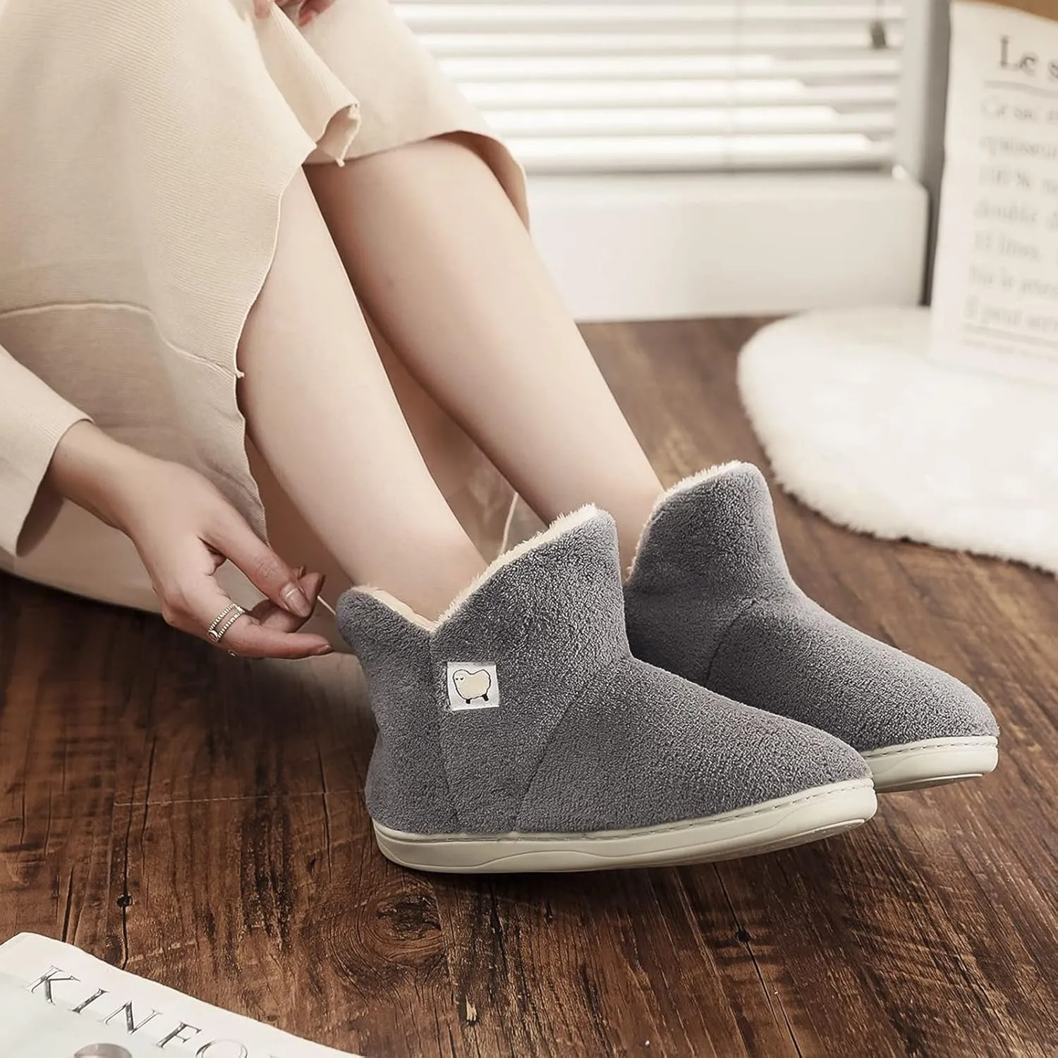 Womens Cashmere Knit Ankle Bootie Slippers Warm Cotton Quilted House Slippers Non-slip Indoor Slippers