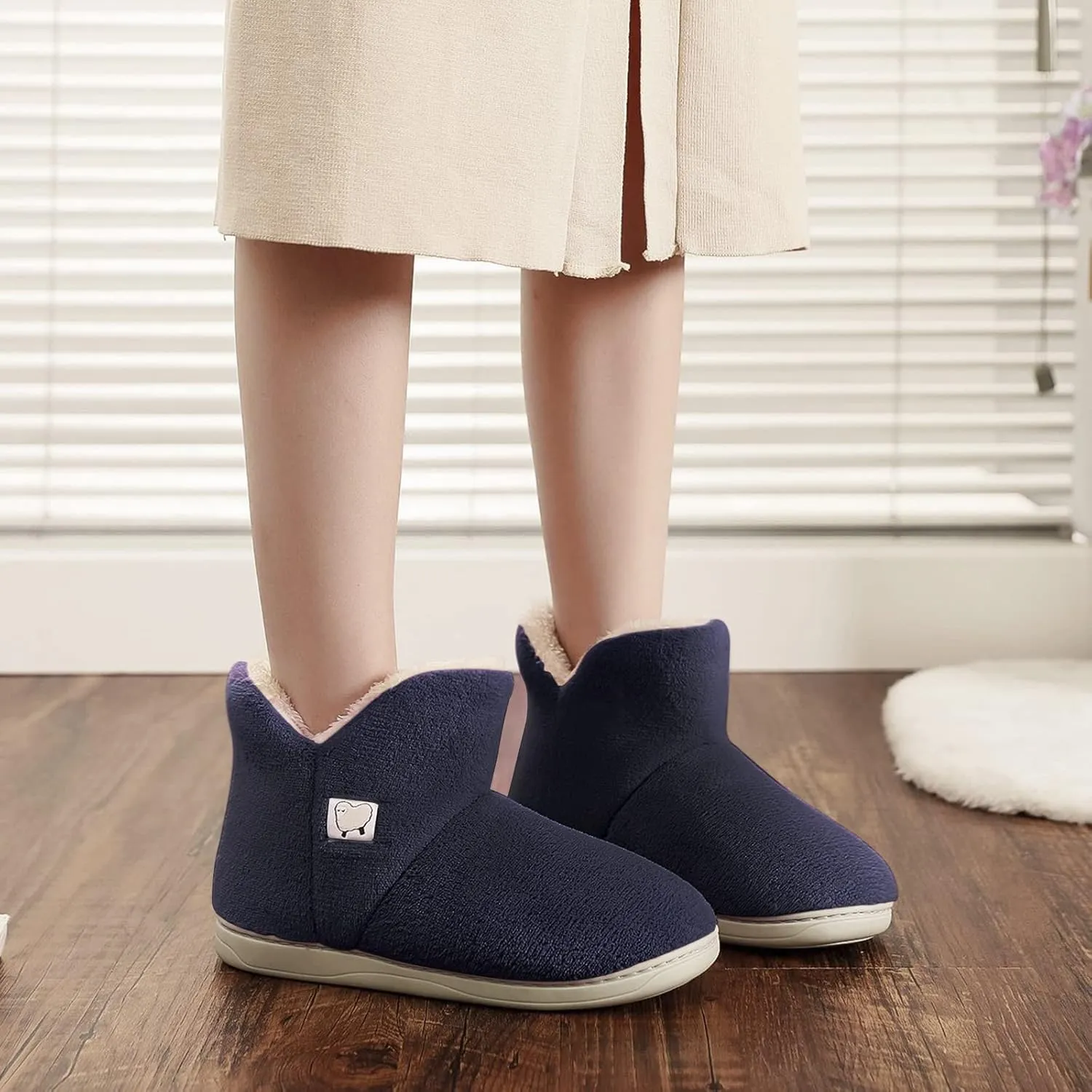 Womens Cashmere Knit Ankle Bootie Slippers Warm Cotton Quilted House Slippers Non-slip Indoor Slippers
