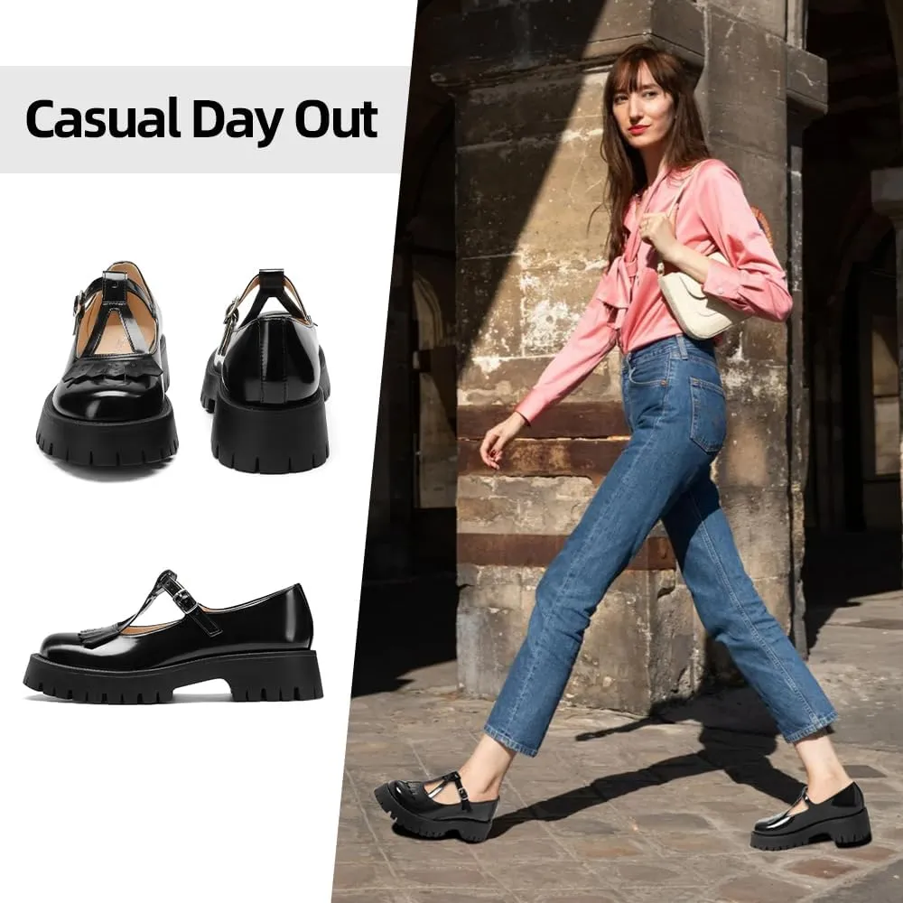 Women's Chunky Mary Jane Shoes, Platform Pumps Low Heel Oxford Ankle T-Strap Buckle Lug Sole, Cute Dressy Casual Work
