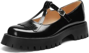 Women's Chunky Mary Jane Shoes, Platform Pumps Low Heel Oxford Ankle T-Strap Buckle Lug Sole, Cute Dressy Casual Work