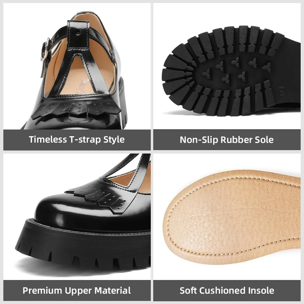 Women's Chunky Mary Jane Shoes, Platform Pumps Low Heel Oxford Ankle T-Strap Buckle Lug Sole, Cute Dressy Casual Work