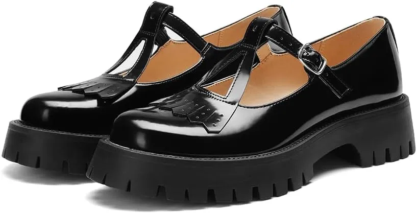 Women's Chunky Mary Jane Shoes, Platform Pumps Low Heel Oxford Ankle T-Strap Buckle Lug Sole, Cute Dressy Casual Work