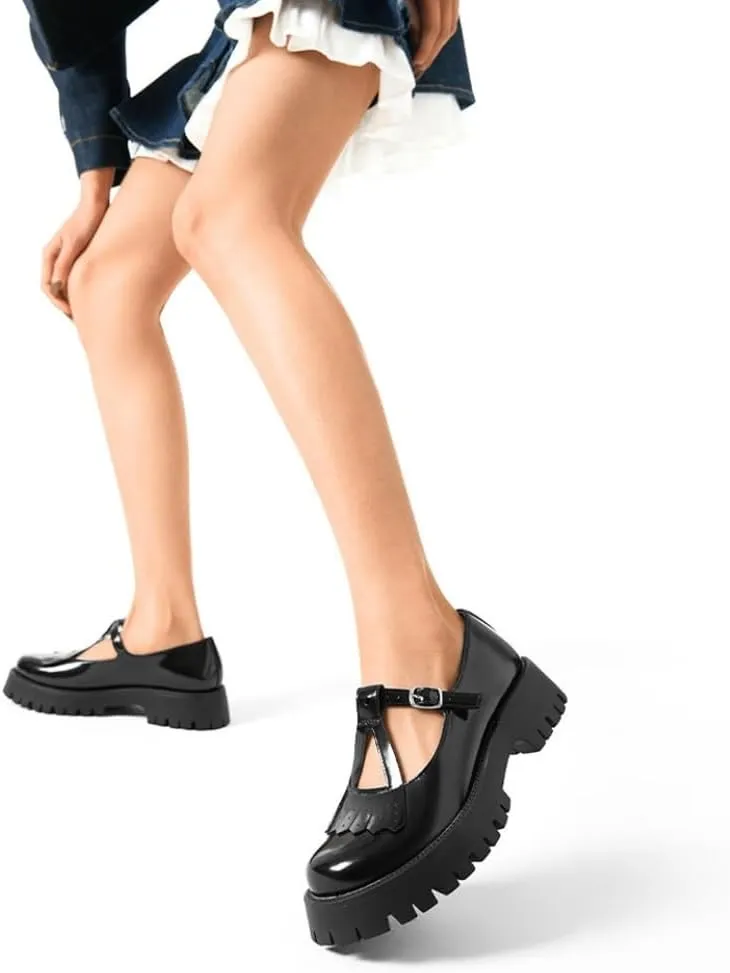 Women's Chunky Mary Jane Shoes, Platform Pumps Low Heel Oxford Ankle T-Strap Buckle Lug Sole, Cute Dressy Casual Work