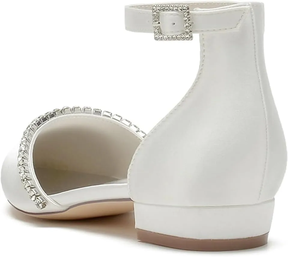 Women's Closed Pointed Toe Flats Sandals Ankle Strap Wedding Shoes for Women Rhinestone Bridal Sandals Evening Prom Party Dress Flats