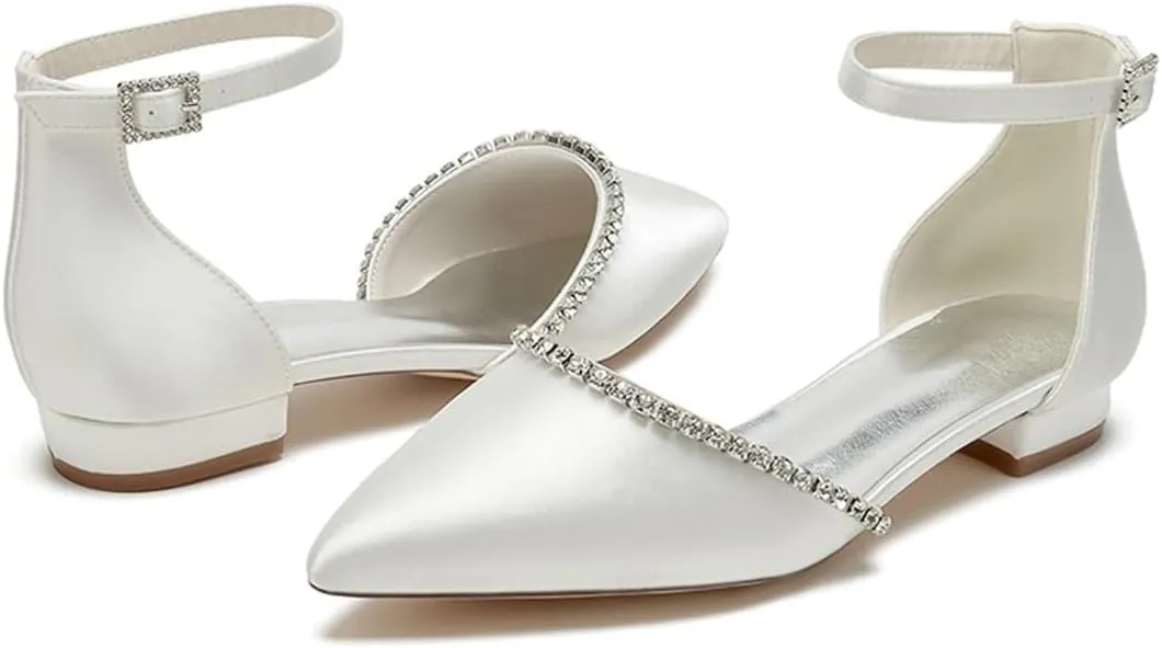 Women's Closed Pointed Toe Flats Sandals Ankle Strap Wedding Shoes for Women Rhinestone Bridal Sandals Evening Prom Party Dress Flats