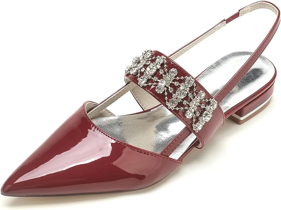 Women's Closed Pointed Toe Rhinestones Slingback Flats Fashion Patent Leather Slip-on Dress Shoes Wedding Bridesmaid Low Block Heels Sandals Comfort Evening Prom Party Shoes