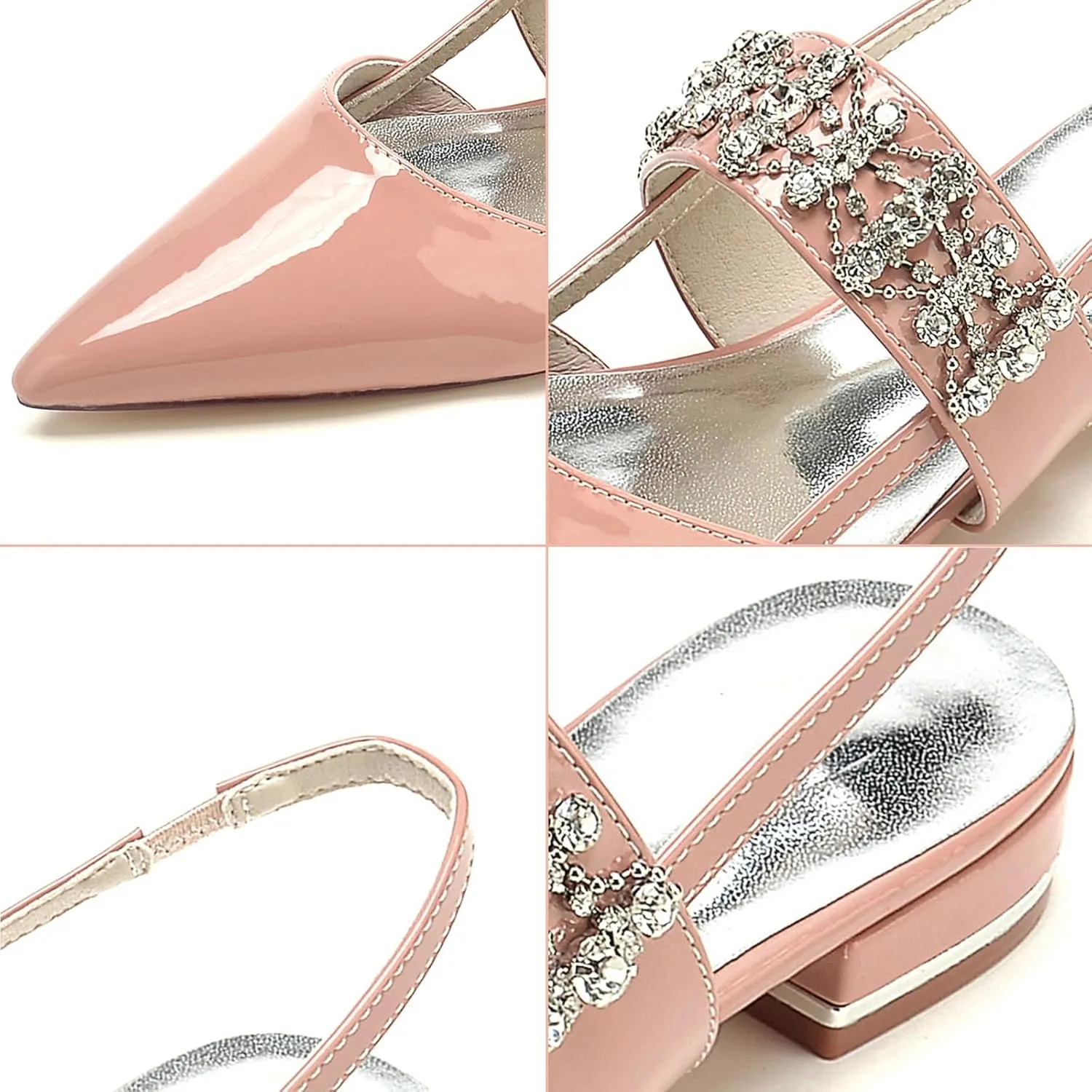 Women's Closed Pointed Toe Rhinestones Slingback Flats Fashion Patent Leather Slip-on Dress Shoes Wedding Bridesmaid Low Block Heels Sandals Comfort Evening Prom Party Shoes