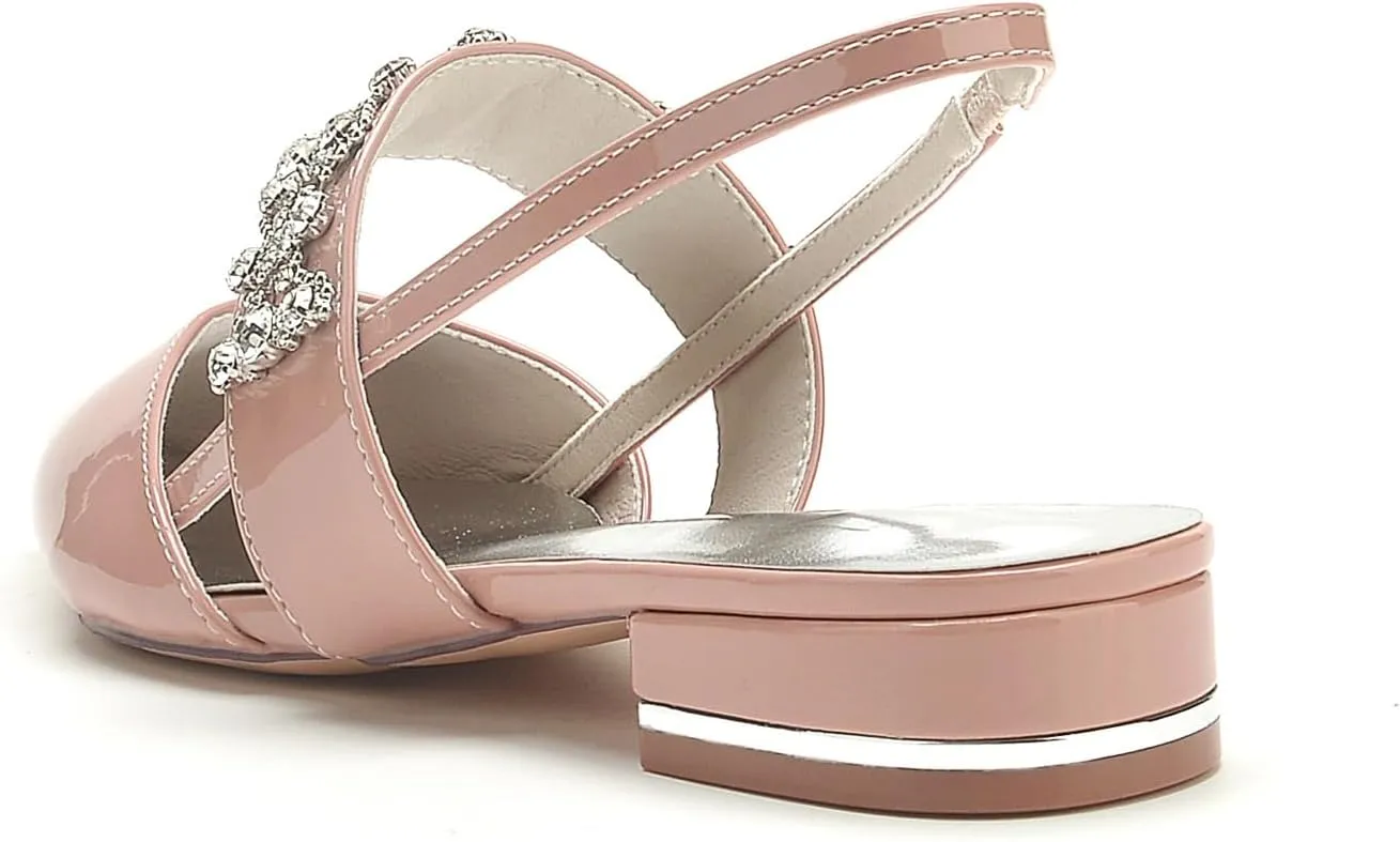Women's Closed Pointed Toe Rhinestones Slingback Flats Fashion Patent Leather Slip-on Dress Shoes Wedding Bridesmaid Low Block Heels Sandals Comfort Evening Prom Party Shoes