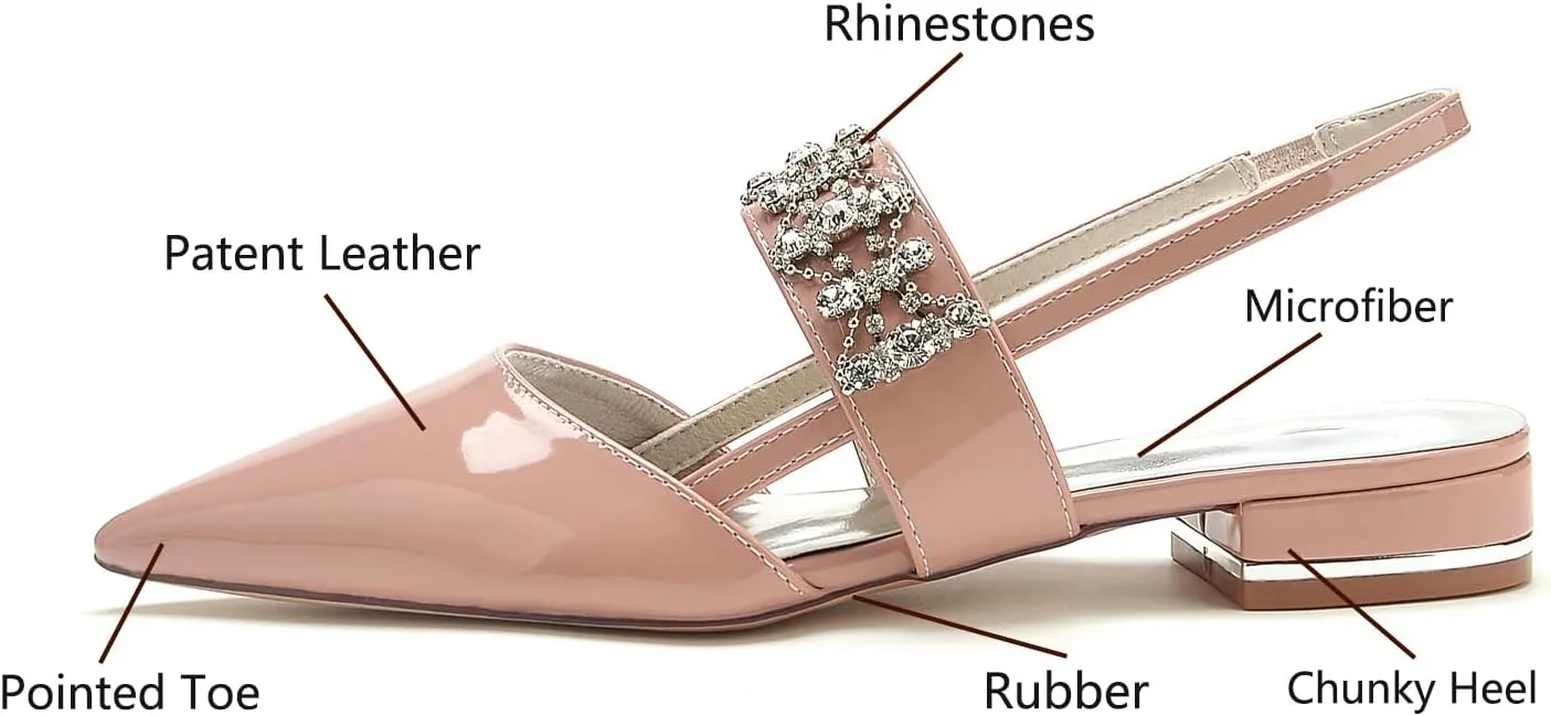Women's Closed Pointed Toe Rhinestones Slingback Flats Fashion Patent Leather Slip-on Dress Shoes Wedding Bridesmaid Low Block Heels Sandals Comfort Evening Prom Party Shoes