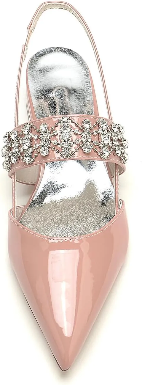 Women's Closed Pointed Toe Rhinestones Slingback Flats Fashion Patent Leather Slip-on Dress Shoes Wedding Bridesmaid Low Block Heels Sandals Comfort Evening Prom Party Shoes