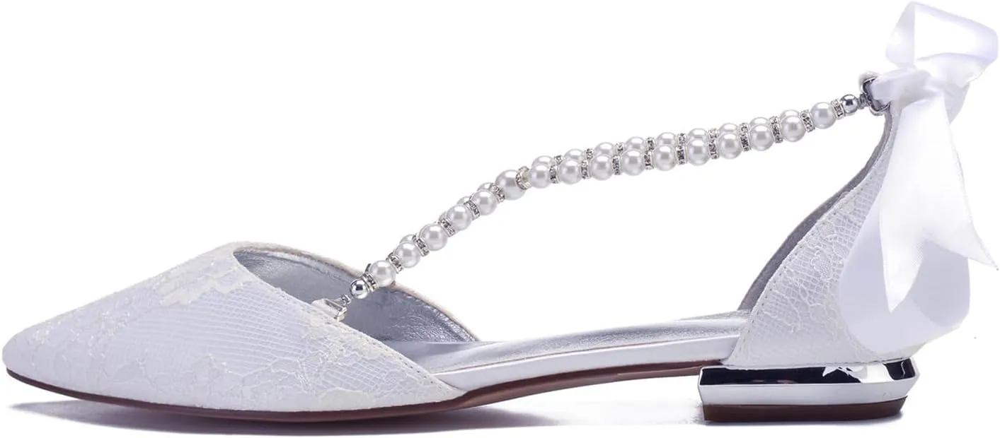 Women's Closed Toe Lace Pearl Wedding Shoes for Bride Ballet Formal Evening Prom Party Pointed Toe Wedding Flats for Bride Pearl Satin Strappy Wedding Shoes