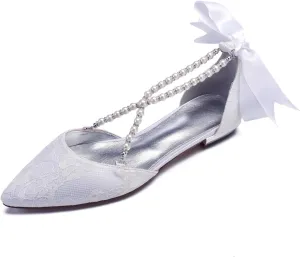 Women's Closed Toe Lace Pearl Wedding Shoes for Bride Ballet Formal Evening Prom Party Pointed Toe Wedding Flats for Bride Pearl Satin Strappy Wedding Shoes