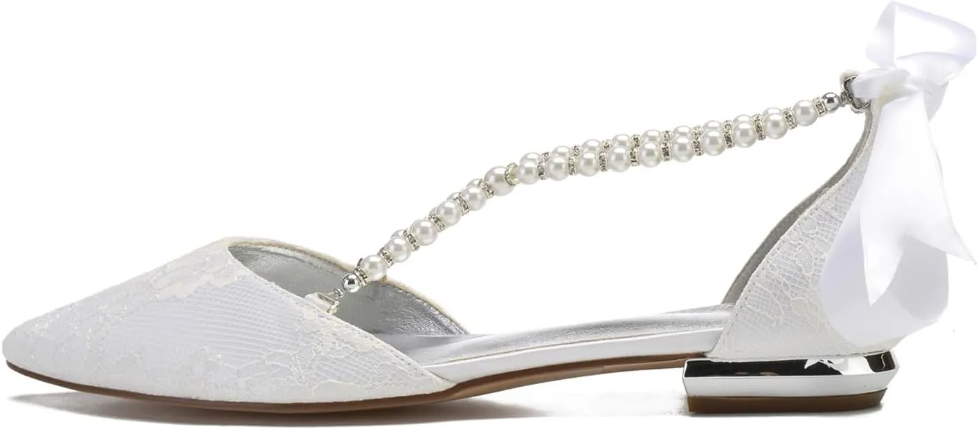 Women's Closed Toe Lace Pearl Wedding Shoes for Bride Ballet Formal Evening Prom Party Pointed Toe Wedding Flats for Bride Pearl Satin Strappy Wedding Shoes