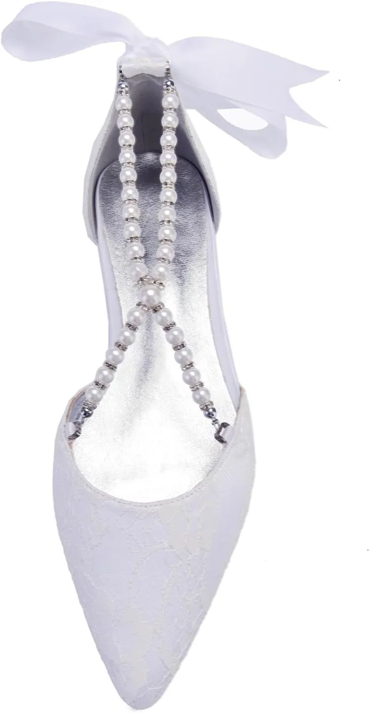 Women's Closed Toe Lace Pearl Wedding Shoes for Bride Ballet Formal Evening Prom Party Pointed Toe Wedding Flats for Bride Pearl Satin Strappy Wedding Shoes