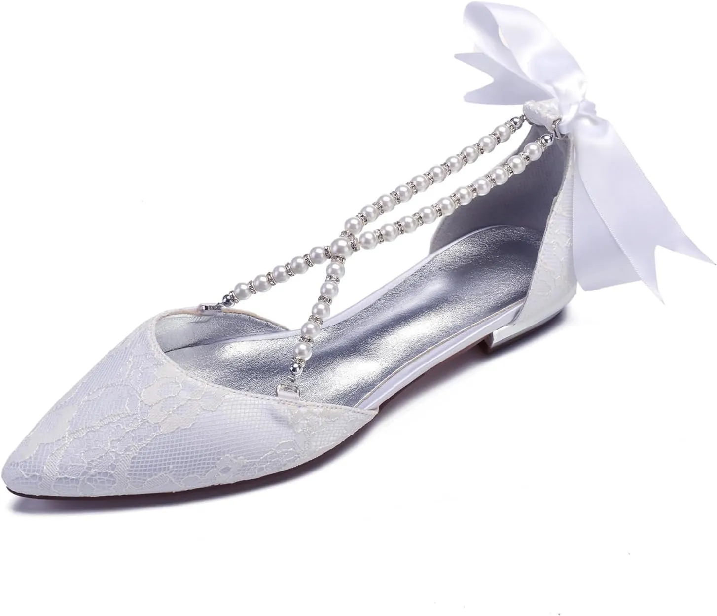 Women's Closed Toe Lace Pearl Wedding Shoes for Bride Ballet Formal Evening Prom Party Pointed Toe Wedding Flats for Bride Pearl Satin Strappy Wedding Shoes
