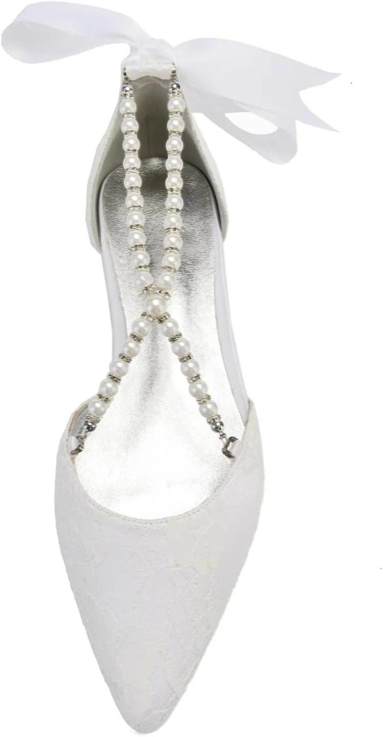 Women's Closed Toe Lace Pearl Wedding Shoes for Bride Ballet Formal Evening Prom Party Pointed Toe Wedding Flats for Bride Pearl Satin Strappy Wedding Shoes