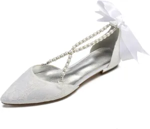Women's Closed Toe Lace Pearl Wedding Shoes for Bride Ballet Formal Evening Prom Party Pointed Toe Wedding Flats for Bride Pearl Satin Strappy Wedding Shoes