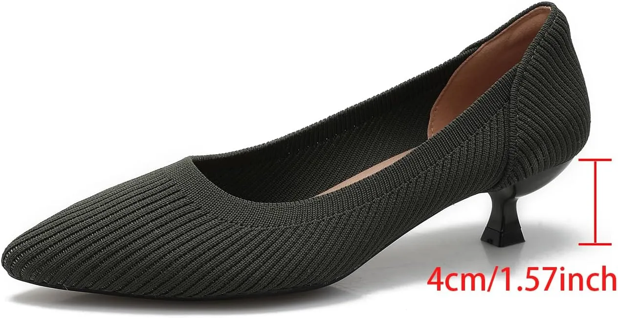 Women's Closed Toe Low Kitten Pumps Comfortable Pointed Toe Work Office Heels Shoes for Women Casual Slip On Knitted Kitten Heels Daily Dress Shoes