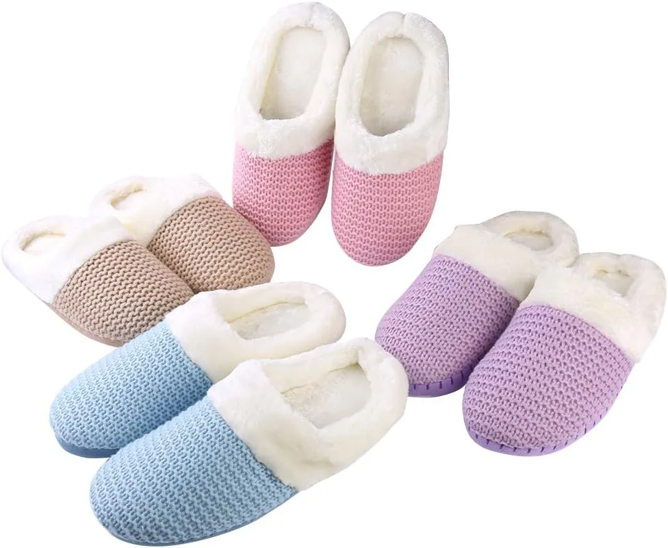 Womens Cozy Weave Knit Slippers with Plush Fleece Lining - Non-Slip Rubber Sole Indoor House Slippers, Soft Warm Comfortable Slip-Ons