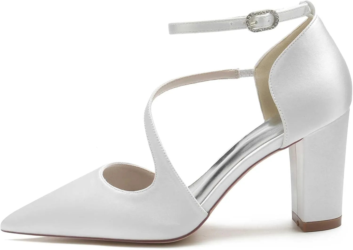 Women's Elegant High Heel Pointed Toe Satin Sandals with Floral Buckle - Chunky Heels, Closed Toe - Comfortable & Dressy for Special Occasions