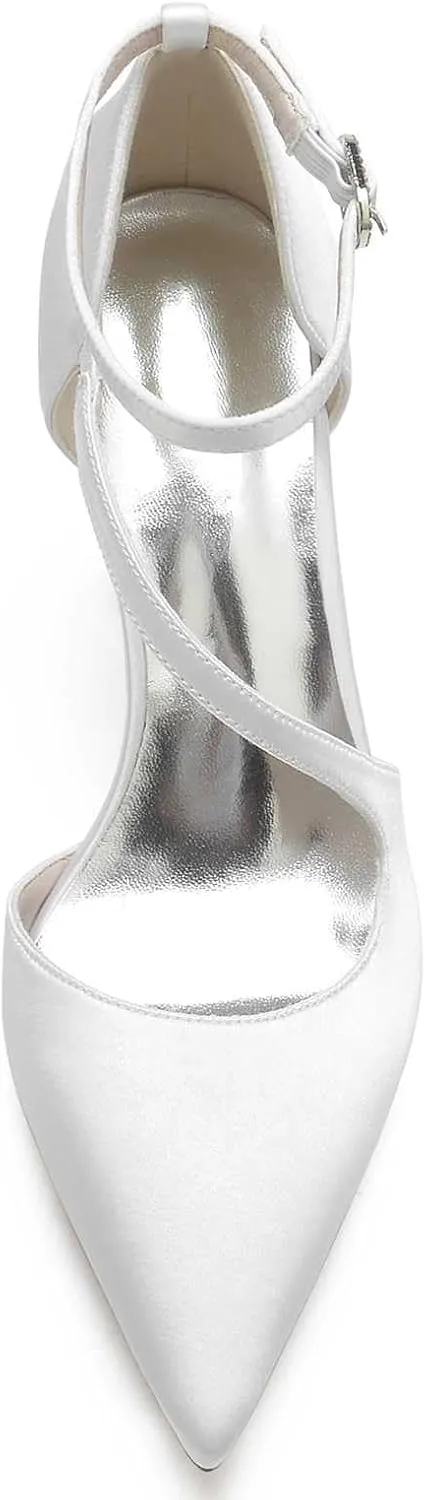 Women's Elegant High Heel Pointed Toe Satin Sandals with Floral Buckle - Chunky Heels, Closed Toe - Comfortable & Dressy for Special Occasions