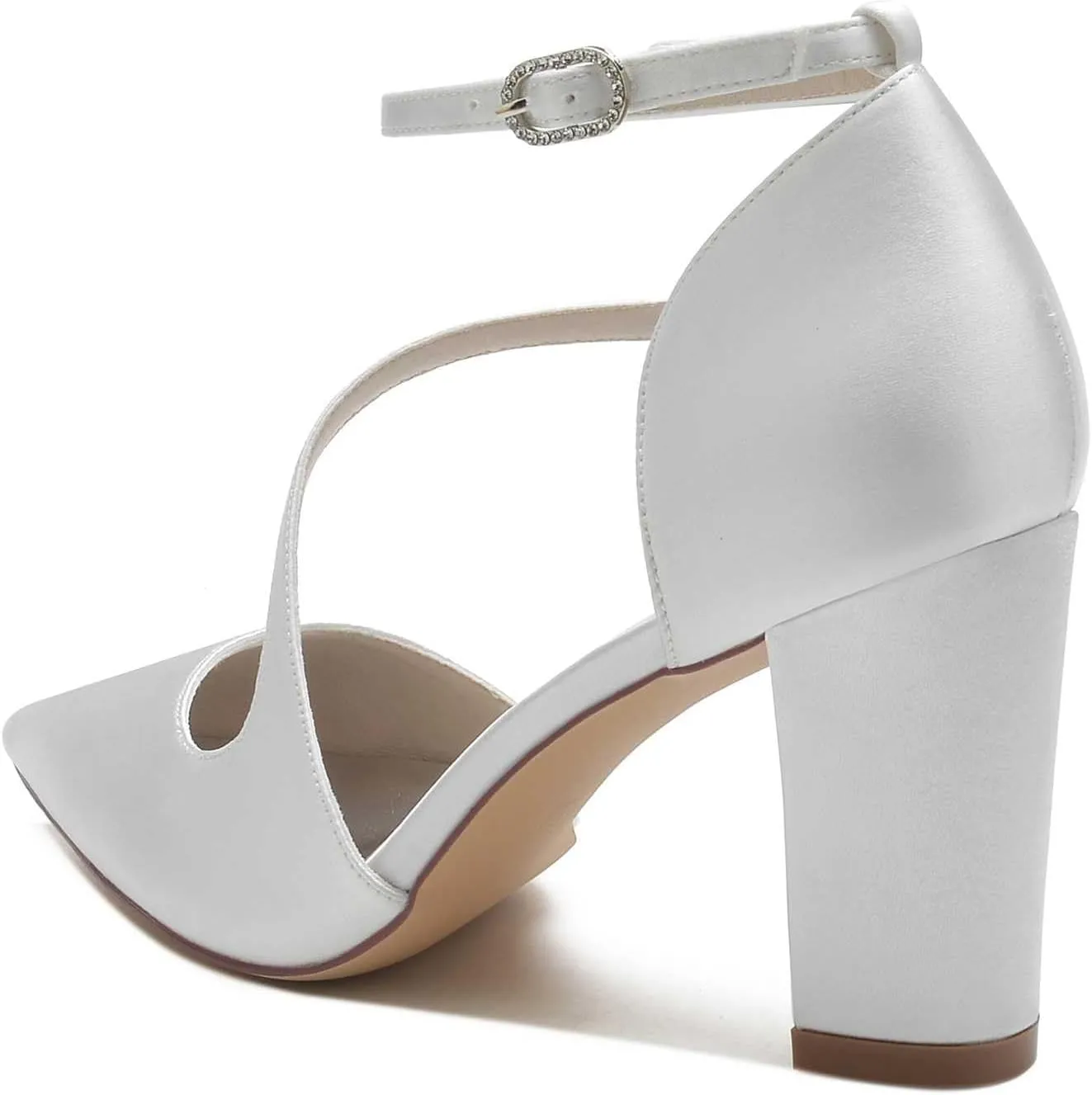 Women's Elegant High Heel Pointed Toe Satin Sandals with Floral Buckle - Chunky Heels, Closed Toe - Comfortable & Dressy for Special Occasions
