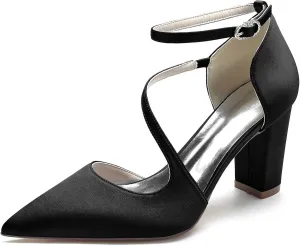 Women's Elegant High Heel Pointed Toe Satin Sandals with Floral Buckle - Chunky Heels, Closed Toe - Comfortable & Dressy for Special Occasions