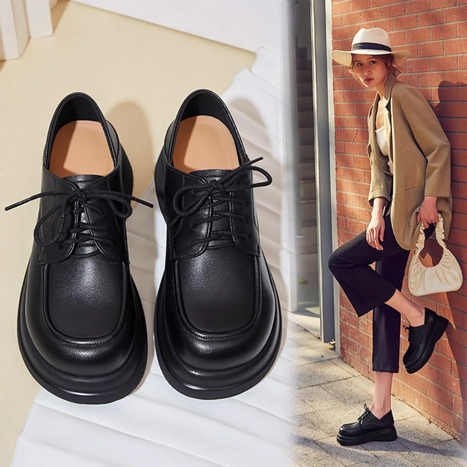 Women's Fashion Genuine Leather Lace-Up Chunky Platform Loafers Elegant Closed Round Head Comfortable Slip-On Oxford Shoes for Everyday Party Evening Night Dates