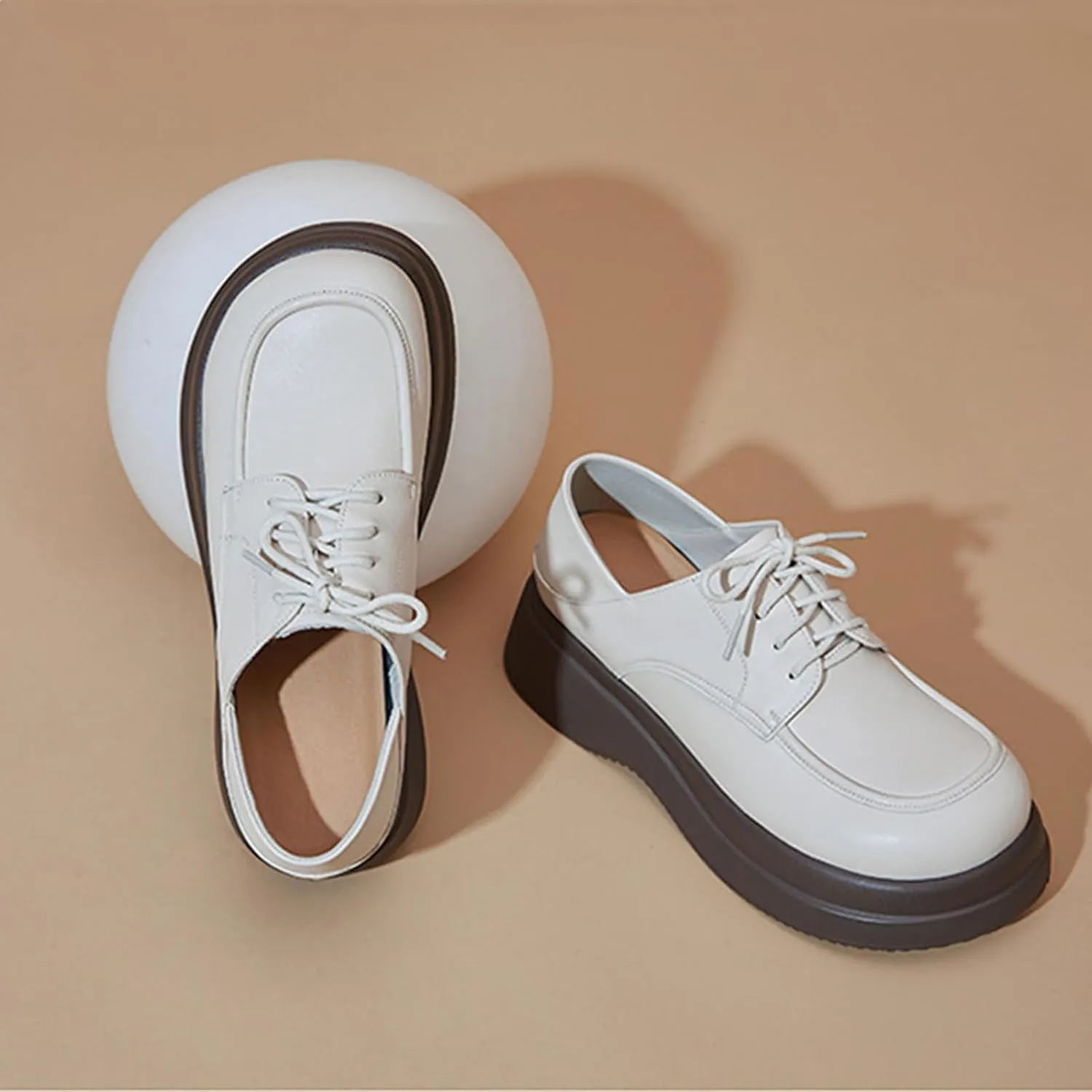 Women's Fashion Genuine Leather Lace-Up Chunky Platform Loafers Elegant Closed Round Head Comfortable Slip-On Oxford Shoes for Everyday Party Evening Night Dates