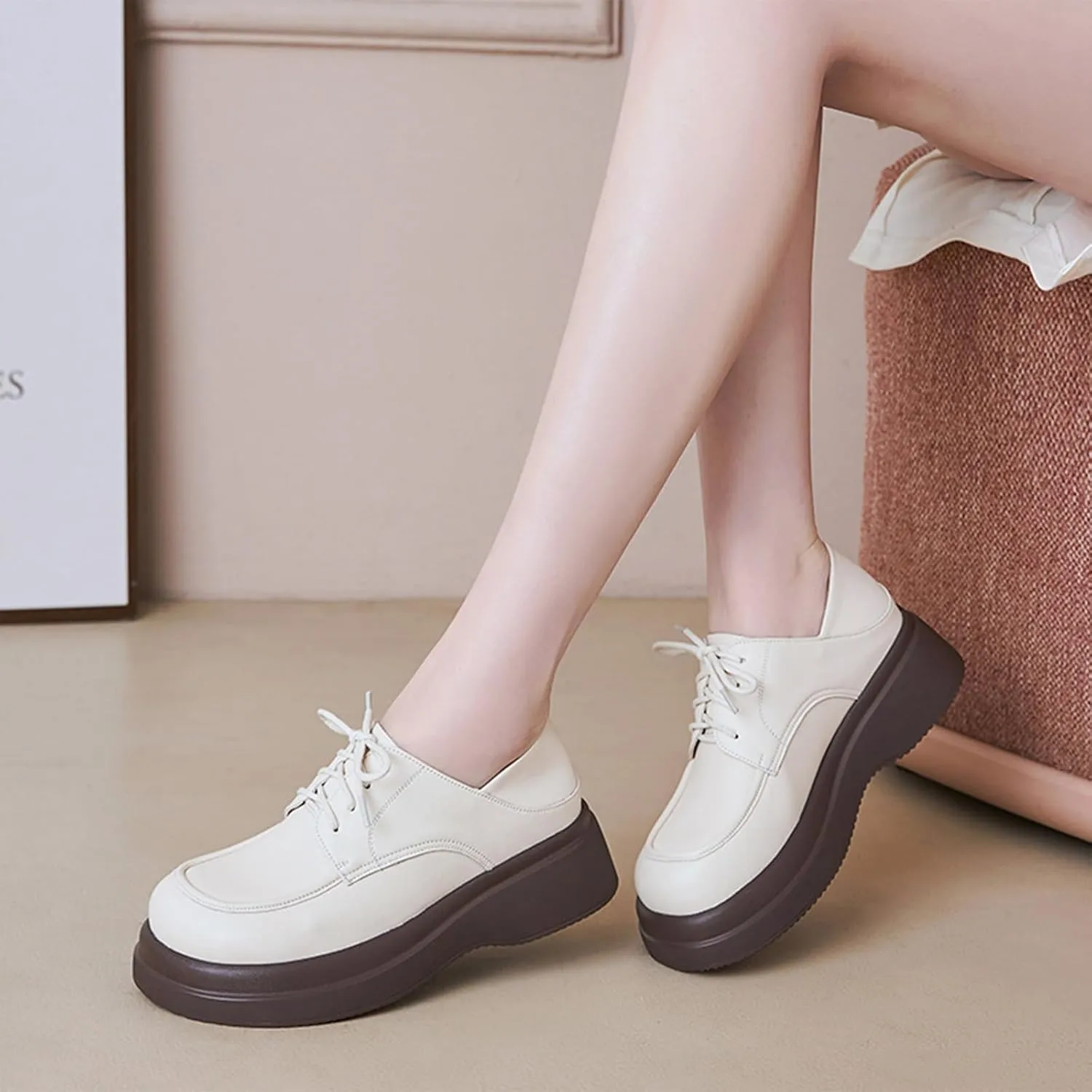 Women's Fashion Genuine Leather Lace-Up Chunky Platform Loafers Elegant Closed Round Head Comfortable Slip-On Oxford Shoes for Everyday Party Evening Night Dates
